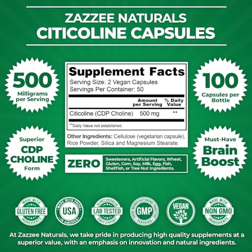 Zazzee Extra Strength Citicoline CDP Choline, 500 mg per Serving, 100 Vegan Capsules Zazzee