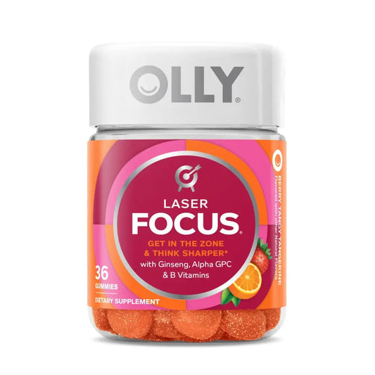 Olly Laser Focus gummy supplement jar on a white background