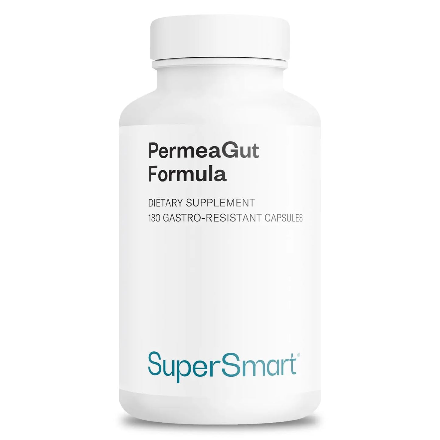 Supplement bottle labeled 'PermeaGut Formula' by SuperSmart on a white background