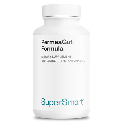 Supplement bottle labeled 'PermeaGut Formula' by SuperSmart on a white background