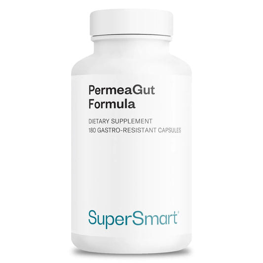 Supplement bottle labeled 'PermeaGut Formula' by SuperSmart on a white background