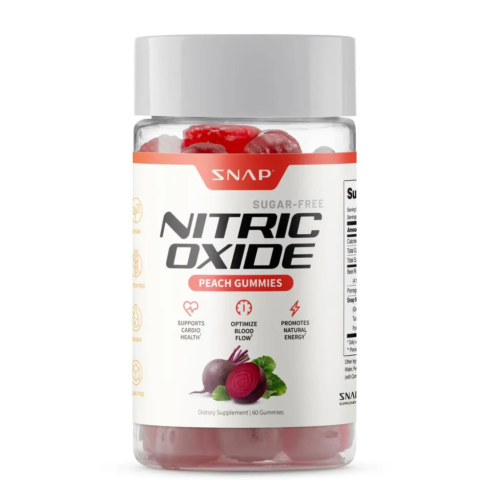 Supplement bottle labeled 'Nitric Oxide Peach Gummies' by SNAP on a white background