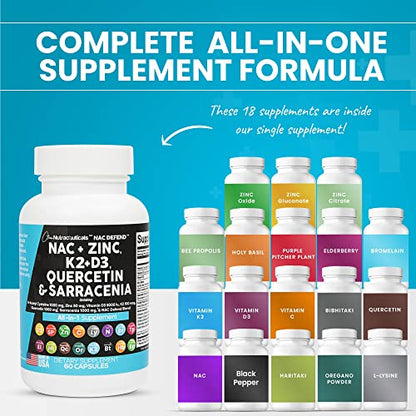NAC Supplement N-Acetyl Cysteine 1000mg Vitamin D3 K2 Zinc Quercetin