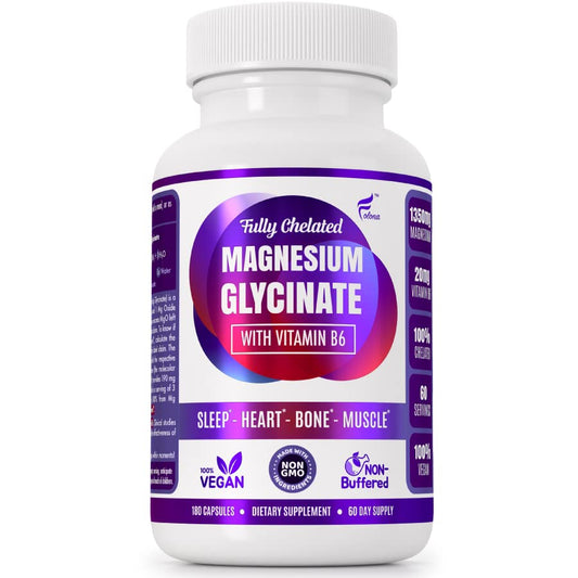 Folona Magnesium Glycinate with Vitamin B6 Research Proven to Enhance Absorption, 1350mg Fully Chelated - Supports Sleep, Stress Relief, Energy, Muscle Cramps - Gluten Free, NonGMO, 180 Vegan Capsules FOLONABuy Supplements Australia