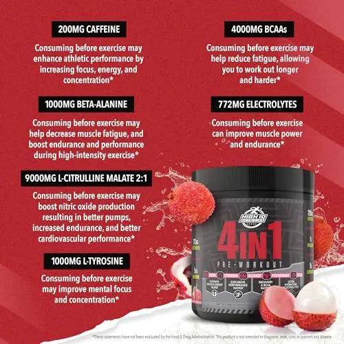 High IQ Nutrition 4 in 1 Lychee Flavored Pre Workout Powder 200mg Caffeine | Energy, Focus High IQ Nutrition