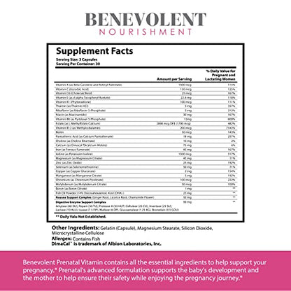 Prenatal Vitamins with DHA and Folate - Multivitamin Supplement with Iron, Calcium, Digestive Enzyme Benevolent Nourishment