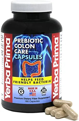 Yerba Prima Prebiotics Colon Care Fiber Caps, 180 Capsules - Five Forms of Fiber Plus FOS Yerba Prima