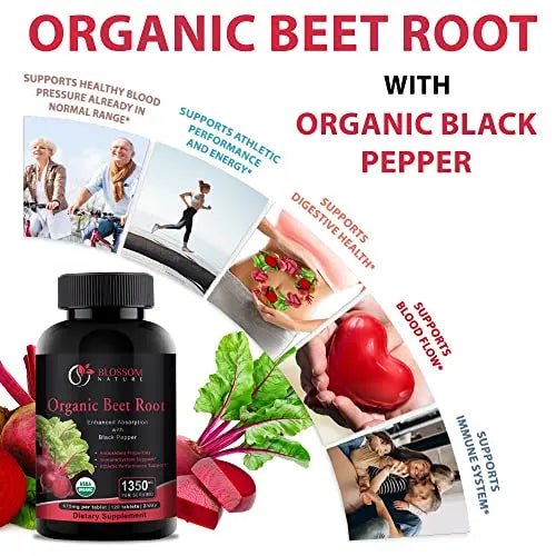 Organic Beet Root Powder 1350mg with Black Pepper-Nitric Oxide Booster, Digestive System Blossom Nature