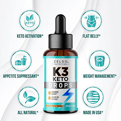 (3 Pack) K3 Keto Drops for Weight Loss - Fat Burner & Metabolism Booster | Advanced Keto ZELSO