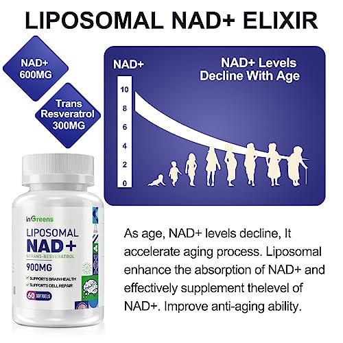 inGreens 900mg Liposomal NAD+ Supplement with 300mg Trans Resveratrol - Superior Absorption, Replaces NMN, Boost NAD+ for DNA Repair, Energy & Longevity, Aging Defense, 60 Softgels inGreensBuy Supplements Australia