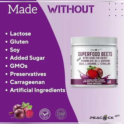 Peacock Max Superfoods Blend Immunity Support Vegan Gluten Free (Beets Nitric Oxide B12 Powder) Peacock Max