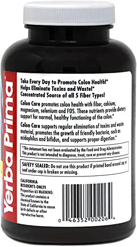 Yerba Prima Prebiotics Colon Care Fiber Caps, 180 Capsules - Five Forms of Fiber Plus FOS Yerba Prima