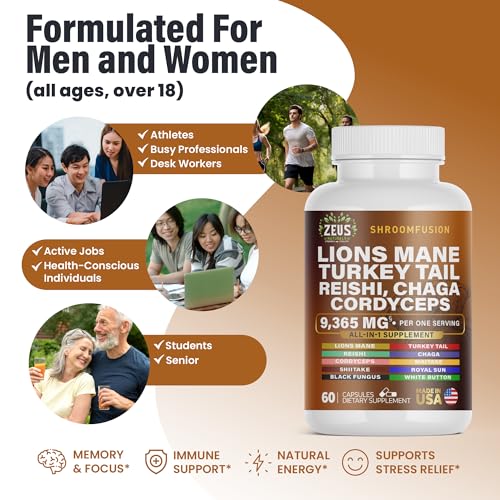 Zeus Naturals Lions Mane Capsules, Mushroom Supplement with Turkey Tail, Cordyceps Zeus Naturals