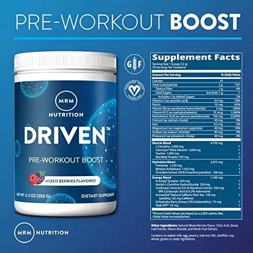 MRM Nutrition Driven Pre-Workout Powder | Blood Orange Flavored | 125mg Caffeine MRM
