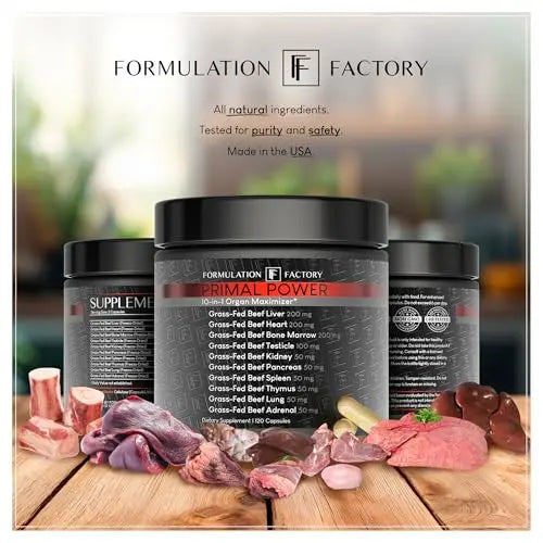 Formulation Factory Primal Power 10-in-1 Grass-Fed Organ Supplement with Beef Liver, Heart, Marrow, Testicle, Kidney, Supports Vitality, Hormones, Energy, Immunity (4 Month Supply, 240 Capsules) Formulation Factory buy supplements Au