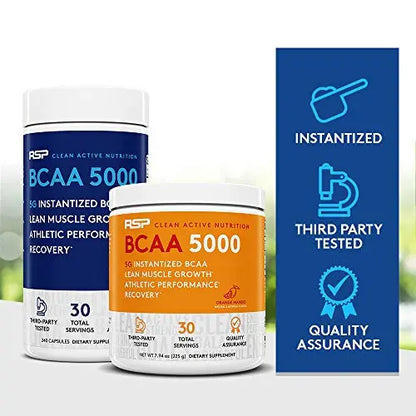 RSP BCAA 5000 (30 Serv), Premium BCAA Capsules for Post Workout Muscle Recovery RSP NUTRITION