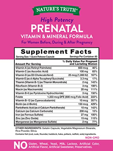 Prenatal Vitamins With Folic Acid | 60 Capsules | Non-GMO & Gluten Free Supplement Nature's Truth