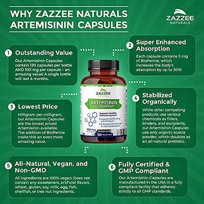 Zazzee High Absorption Artemisinin, 100 mg per Capsule, 120 Vegan Capsules, with 5 mg Zazzee