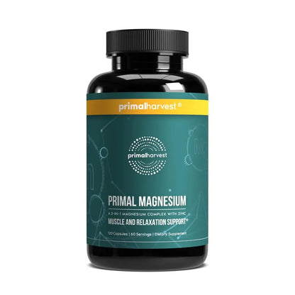Primal Magnesium supplement bottle with Primalharvest label on a white background