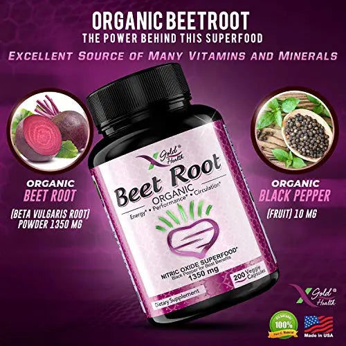 Organic Beet Root Powder 1350mg 200 Veggie caps Superfood Nitric Oxide Strongest X Gold Health