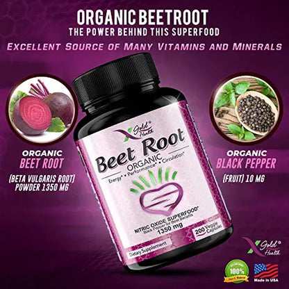 Organic Beet Root Powder 1350mg 200 Veggie caps Superfood Nitric Oxide Strongest X Gold Health