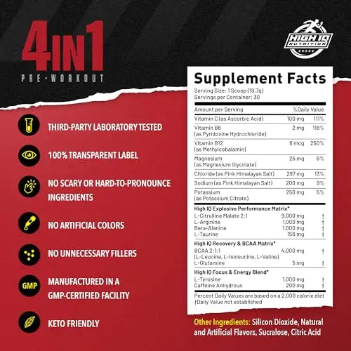 High IQ Nutrition 4 in 1 Lychee Flavored Pre Workout Powder 200mg Caffeine | Energy, Focus High IQ Nutrition