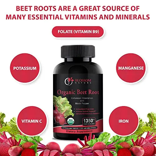 Organic Beet Root Powder 1350mg with Black Pepper-Nitric Oxide Booster, Digestive System Blossom Nature