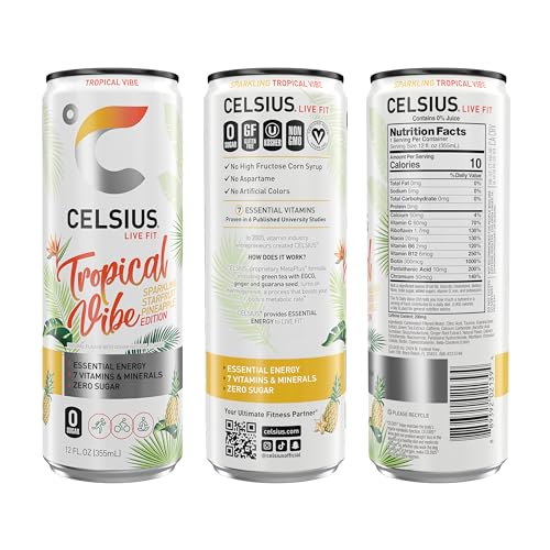 CELSIUS Sparkling Tropical Vibe, Functional Essential Energy Drink 12 Fl Oz (Pack of 12) CELSIUSBuy Supplements Australia