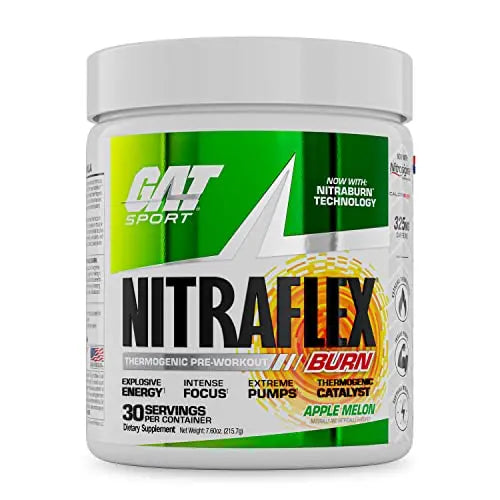 GAT SPORT NITRAFLEX Burn, Pre Workout Thermogenic Powder, Apple Melon, 30 Servings GAT SPORT