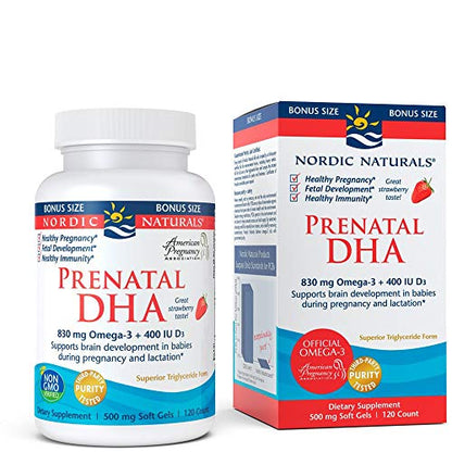 Nordic Naturals Prenatal DHA, Strawberry - 120 Soft Gels - 830 mg Omega-3 + 400 IU Vitamin D3 Nordic Naturals