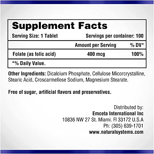 Folic Acid Supplement 100 Tablets 400 mcg by Natural Systems - Prenatal Vitamin for Women Perfect Natural Systems Naturasys