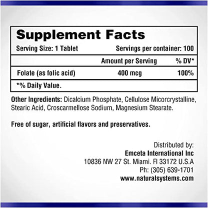 Folic Acid Supplement 100 Tablets 400 mcg by Natural Systems - Prenatal Vitamin for Women Perfect Natural Systems Naturasys
