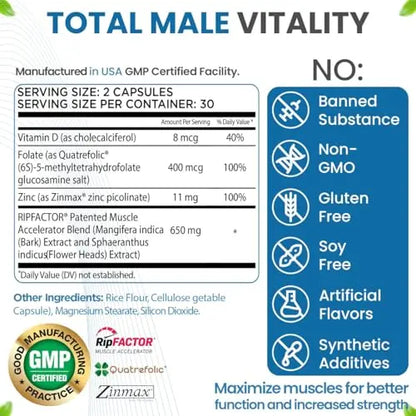 Advanced Muscle Building Supplement for Men with RipFactor, Zinc Picolinate, Vitamin D3 Revival Point