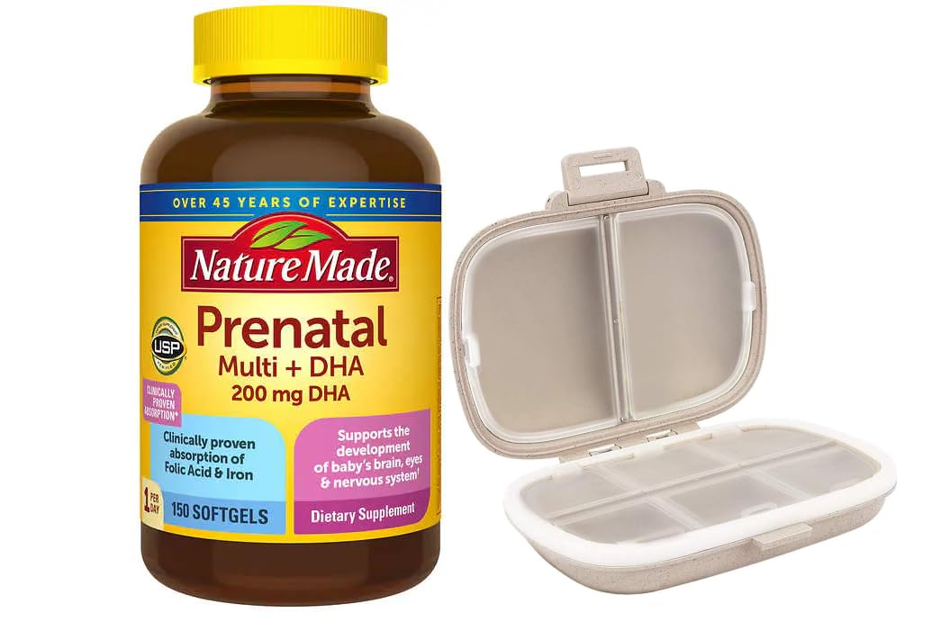 Nature Made Prenatal Multi + DHA, 150 Softgels, Bundle with a Travel Pill Organizer Generic