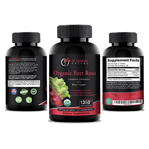Organic Beet Root Powder 1350mg with Black Pepper-Nitric Oxide Booster, Digestive System Blossom Nature