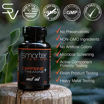 200mg Caffeine Pills - MCT Oil from 100% Coconuts + 100mg L-Theanine, Advanced Energy SmarterVitamins