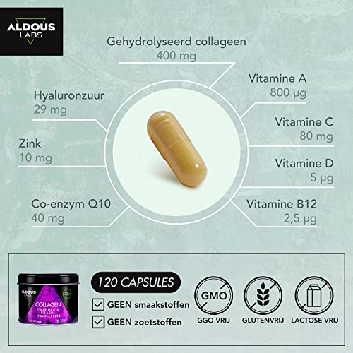 120 Capsules - Collagen with Hyaluronic Acid + Coenzyme Q10 + Vitamin C, A, D and B12 + Zinc Aldous Labs