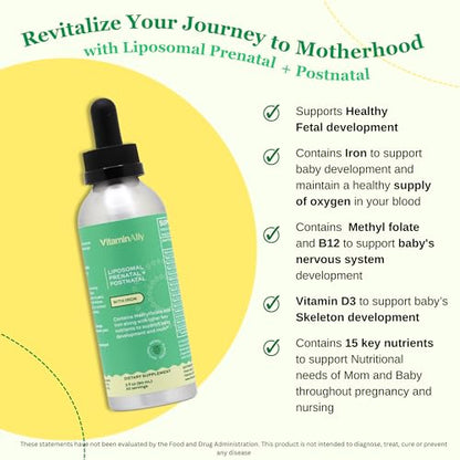 Prenatal + Postnatal liposomal Liquid Drops with Iron | 30 Day Supply | 3 FL Oz | Non-GMO Vitaminally