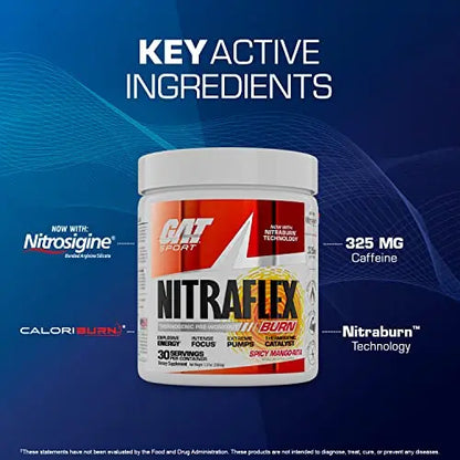 GAT SPORT NITRAFLEX Burn, Pre Workout Thermogenic Powder, Apple Melon, 30 Servings GAT SPORT