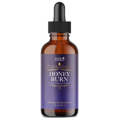Bottle of Natures Nutrition Honey Burn dietary supplement with a dropper on a white background