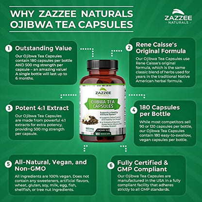 Zazzee Extra Strength Ojibwa Tea 500 mg, 180 Vegan Capsules, Rene Caisse's Original Zazzee
