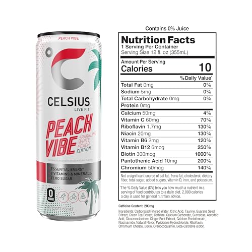 CELSIUS Sparkling Peach Vibe, Functional Essential Energy Drink 12 Fl Oz (Pack of 12) CELSIUSBuy Supplements Australia