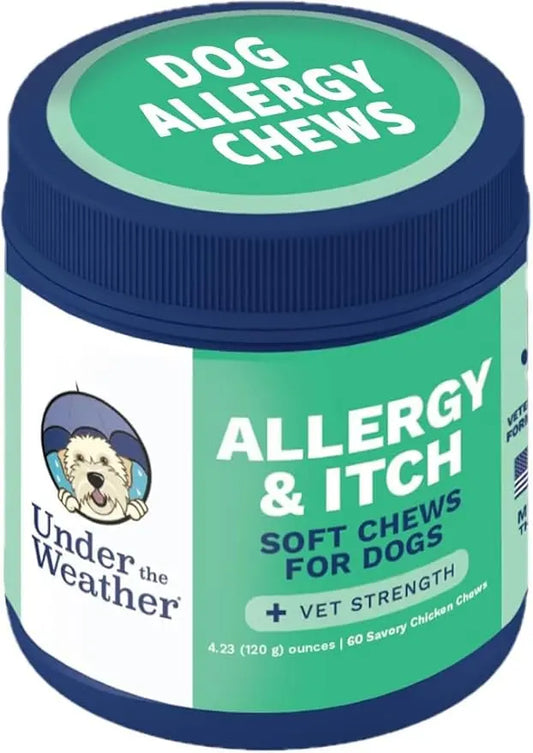 Container of Under the Weather dog allergy and itch soft chews for dogs.