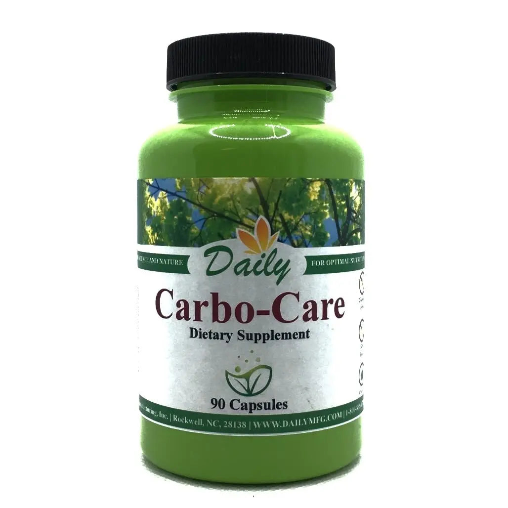 Green supplement bottle labeled 'Daily Carbo-Care' on a white background