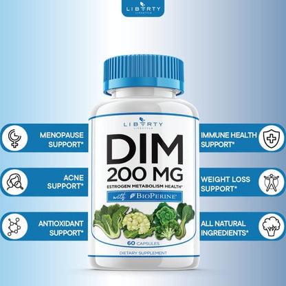 Liberty Lifestyle DIM Supplement 200mg - DIM Diindolylmethane Plus BioPerine - Estrogen Balance Liberty Lifestyle
