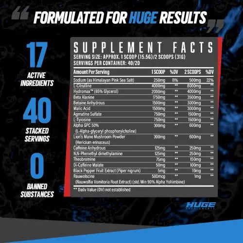 Huge Supplements Wrecked Pre-Workout, 30G+ Ingredients Per Serving to Boost Energy Huge Supplements
