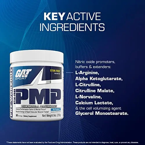 GAT SPORT PMP (Peak Muscle Performance), Pre-Workout, 30 Servings (Blue Raspberry GAT SPORT