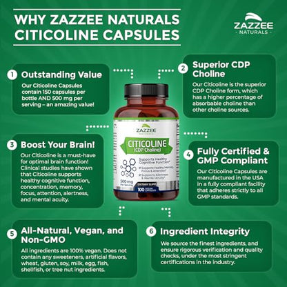 Zazzee Extra Strength Citicoline CDP Choline, 500 mg per Serving, 100 Vegan Capsules Zazzee