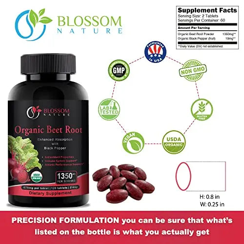 Organic Beet Root Powder 1350mg with Black Pepper-Nitric Oxide Booster, Digestive System Blossom Nature