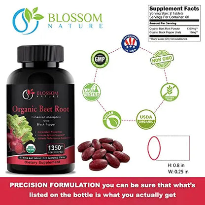 Organic Beet Root Powder 1350mg with Black Pepper-Nitric Oxide Booster, Digestive System Blossom Nature